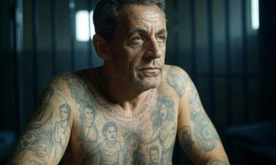 Nicolas Sarkozy, torse nu dans sa cellule, tatouages visibles. Image générée par l'IA Grok.