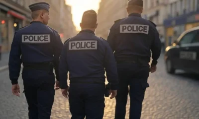 3 policiers marchant dans Paris. (IA)