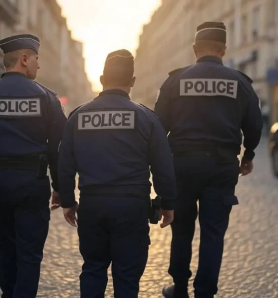 3 policiers marchant dans Paris. (IA)