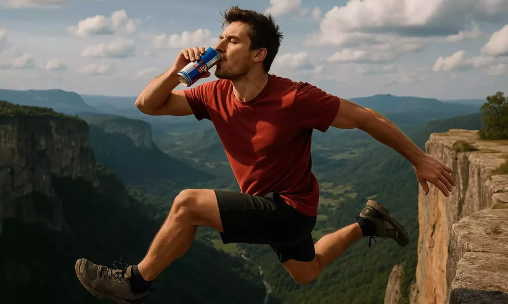 Un homme buvant un Redbull et sautant d'une falaise
