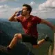 Un homme buvant un Redbull et sautant d'une falaise