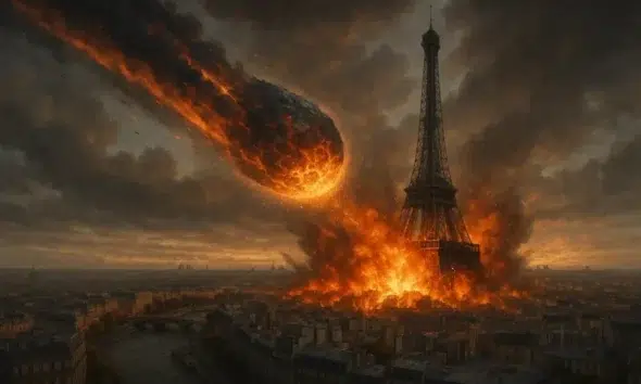 L'asteroïde YR4 s'écrasant sur la ville de Paris (IA)