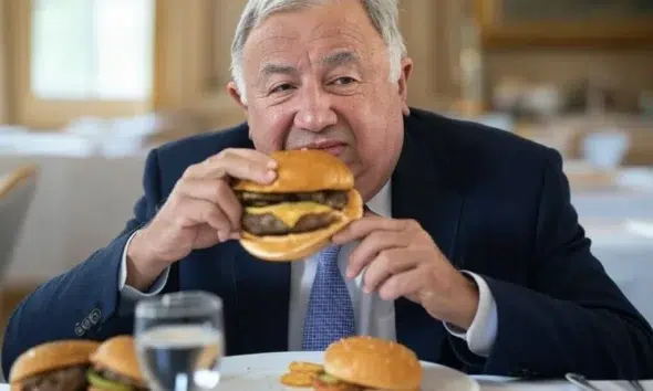 Gérard Larcher détournant des burgers publics. (IA)